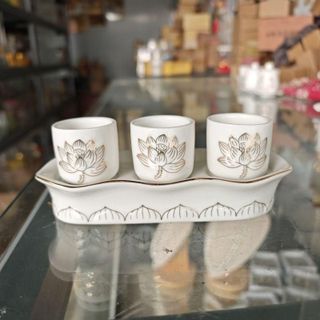 Bộ Thờ Cúng Lư Hương, Đĩa Trái Cây, Bình Hoa, Áng 5, Áng 3 Bạch Ngọc Sen Trắng