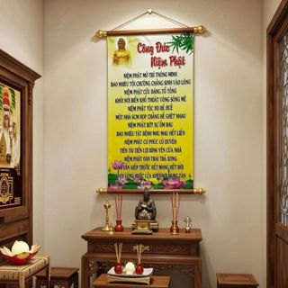 Tranh Thư Pháp Công Đức Niệm Phật Kích Thước 57cm x 35cm Chất Liệu Phim Nhựa Với 2 Đầu Gỗ Chống Trầy Chống Biến Dạng Trang Trí Nhà Cửa Và Quà Tặng Ý Nghĩa