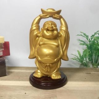 Tượng Ngài Di Lặc Bồ Tát nâng thỏi vàng sơn nhũ vàng cao 12cm