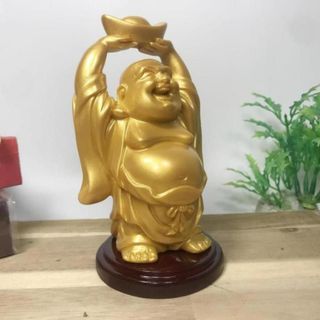 Tượng Ngài Di Lặc Bồ Tát nâng thỏi vàng sơn nhũ vàng cao 12cm