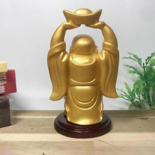 Tượng Ngài Di Lặc Bồ Tát nâng thỏi vàng sơn nhũ vàng cao 12cm