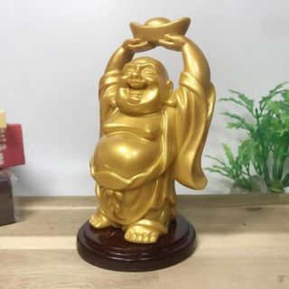 Tượng Ngài Di Lặc Bồ Tát nâng thỏi vàng sơn nhũ vàng cao 12cm