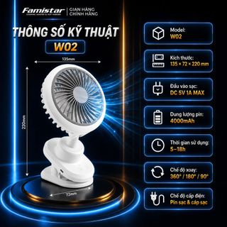 [BH 1 Năm] Quạt Tích Điện Kẹp Bàn Êm Chống Ồn FAMISTAR, xoay 360 độ 4 cấp độ gió pin 4000mAH