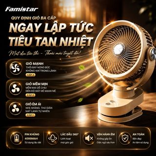 [BH 1 năm] Quạt Tích Điện Kẹp Bàn có đèn led Famistar FS-001, Pin Chuẩn 4000mAh bền bỉ hoạt động êm ái