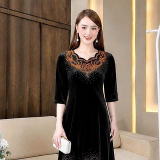 Đầm nhung tuyết đính đá Maxi dự tiệc sang trọng, đầm maxi tới gót chân, tặng mẹ co giãn tốt bigsize 75kg M812