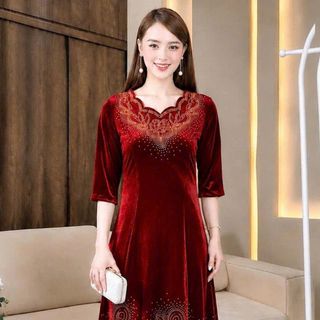 Đầm nhung tuyết đính đá Maxi dự tiệc sang trọng, đầm maxi tới gót chân, tặng mẹ co giãn tốt bigsize 75kg M812