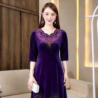 Đầm nhung tuyết đính đá Maxi dự tiệc sang trọng, đầm maxi tới gót chân, tặng mẹ co giãn tốt bigsize 75kg M812