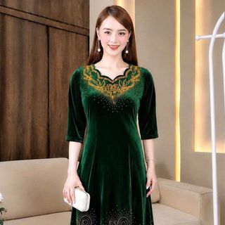 Đầm nhung tuyết đính đá Maxi dự tiệc sang trọng, đầm maxi tới gót chân, tặng mẹ co giãn tốt bigsize 75kg M812