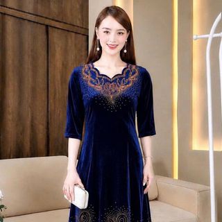 Đầm nhung tuyết đính đá Maxi dự tiệc sang trọng, đầm maxi tới gót chân, tặng mẹ co giãn tốt bigsize 75kg M812