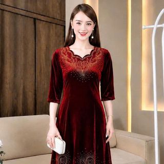 Đầm nhung tuyết đính đá Maxi dự tiệc sang trọng, đầm maxi tới gót chân, tặng mẹ co giãn tốt bigsize 75kg M812