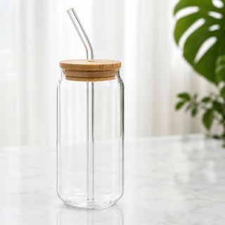 LY THUỶ TINH 500ml NẮP GỖ KÈM ỐNG HÚT