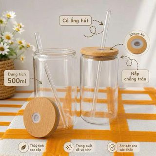 LY THUỶ TINH 500ml NẮP GỖ KÈM ỐNG HÚT