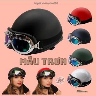 Mũ Bảo Hiểm Thời Trang - An Toàn - Giá Rẻ DANGROUP Mũ bảo hiểm nửa đầu ½ có kính phi công cute màu trơn kèm kính uv nón bảo hiểm lưỡi trai