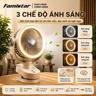 [GIÁ SỈ TỐT ] Quạt Tích Điện Kẹp Bàn có đèn led Famistar FS-001, BH 1 năm, phân phối toàn quốc
