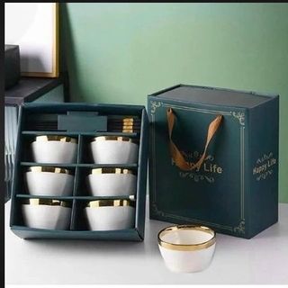 Hộp 6 Bát 6 Đôi Đũa Trắng Viền Vàng (THÙNG 20B)
