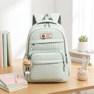 🍪 Balo caro nữ mã A1027 nhiều ngăn phối màu pastel kèm móc khóa hình bánh, kiểu dáng trẻ trung