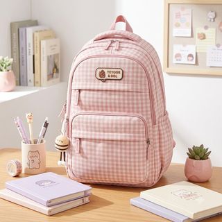 🍪 Balo caro nữ mã A1027 nhiều ngăn phối màu pastel kèm móc khóa hình bánh, kiểu dáng trẻ trung