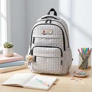 Balo caro nữ mã A1027 nhiều ngăn phối màu pastel kèm móc khóa hình bánh, kiểu dáng trẻ trung