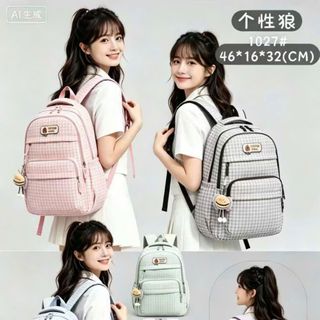 🍪 Balo caro nữ mã A1027 nhiều ngăn phối màu pastel kèm móc khóa hình bánh, kiểu dáng trẻ trung