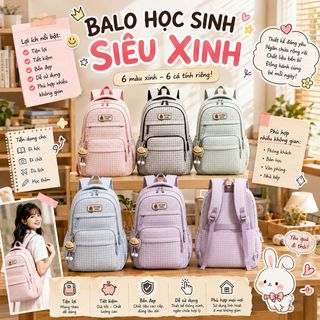 🍪 Balo caro nữ mã A1027 nhiều ngăn phối màu pastel kèm móc khóa hình bánh, kiểu dáng trẻ trung
