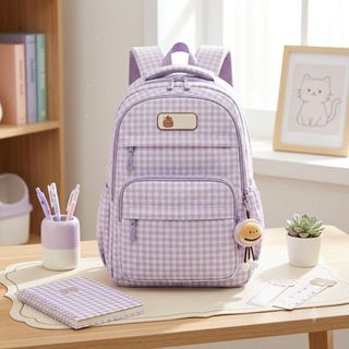 🍪 Balo caro nữ mã A1027 nhiều ngăn phối màu pastel kèm móc khóa hình bánh, kiểu dáng trẻ trung