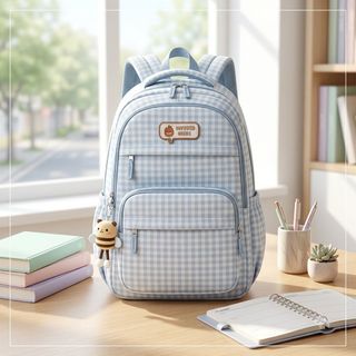 Balo caro nữ mã A1027 nhiều ngăn phối màu pastel kèm móc khóa hình bánh, kiểu dáng trẻ trung