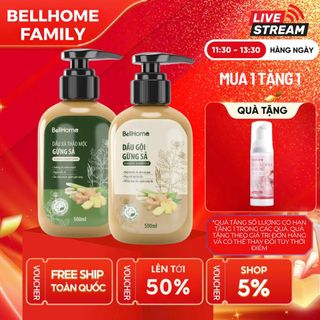 Combo gội xả thảo mộc Gừng Sả BellHome 500ml, Giảm gãy rụng, tóc chắc khỏe, mềm mượt, sạch gàu