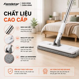 Cây lau nhà tự vắt FAMISTAR, inox 304, nhựa ABS, bông lau MICROFIBER xoay 360 độ, PHÂN PHỐI SỈ LẺ TOÀN QUỐC