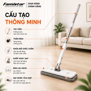 Cây lau nhà tự vắt FAMISTAR, inox 304, nhựa ABS, bông lau MICROFIBER xoay 360 độ, PHÂN PHỐI SỈ LẺ TOÀN QUỐC