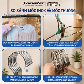 Bộ móc treo quần áo FAMISTAR inox chắc chắn thiết kế tinh gọn, combo 10 cái, nhập càng nhiều giá càng hấp dẫn