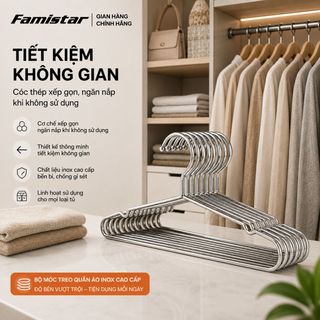 Bộ móc treo quần áo FAMISTAR inox chắc chắn thiết kế tinh gọn, combo 10 cái, nhập càng nhiều giá càng hấp dẫn