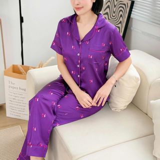 Pijama lụa Satin tím huế tay ngắn quần dài -CHERRY STORE - chất lụa cao cấp và mềm mát _ Mã A19