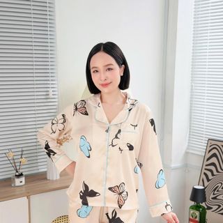 Pijama lụa Satin cao cấp - CHERRY STORE - họa tiết Hồ Điệp trên nền be sang trọng mang phong cách Hàn Quốc - Mã A12