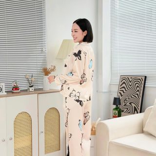Pijama lụa Satin cao cấp - CHERRY STORE - họa tiết Hồ Điệp trên nền be sang trọng mang phong cách Hàn Quốc - Mã A12