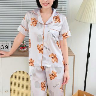 Pijama lụa Satin mềm mịn họa tiết gấu nâu dễ thương tay ngắn quần dài - CHERRY STORE - MÃ A14