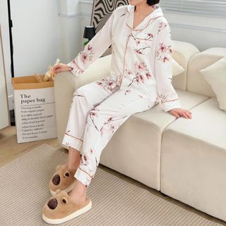 Pijama Lụa Satin cao cấp - CHERRY STORE - Họa tiết Hoa Môc Lan dài tay quần dài kiểu dáng Hàn Quốc dễ thương - Mã 11