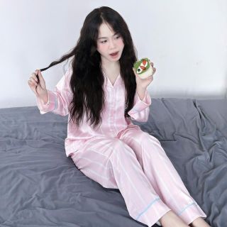 [ NEW ] Pijama lụa Latin cao cấp hồng sọc in mèo Marie dễ thương, mềm mịn, dài tay. Mã A21