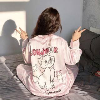 [ NEW ] Pijama lụa Latin cao cấp hồng sọc in mèo Marie dễ thương, mềm mịn, dài tay. Mã A21