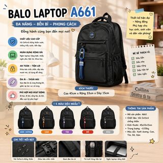 🎒 BALO LAPTOP A661 – Form Lớn, Gọn Gàng, Phù Hợp Đi Học Đi Làm