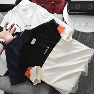 Mẫu áo thun cotton 4c mấy phối trẻ trung, logo chữ in cao + cá sấu.