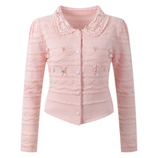 S156 Áo Cardigan Dệt Kim Nữ Cổ Búp Bê Đính Hạt Ngọc Trai Tay Dài Phong Cách Pháp Thanh Lịch Slim Fit S M L