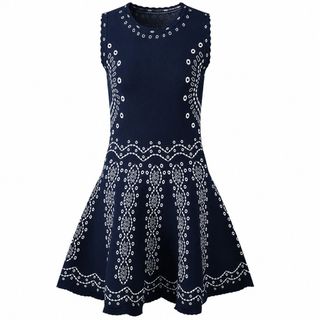 ELVIA Đầm Dệt Kim Jacquard Cao Cấp Nữ Cổ Tròn Không Tay Ôm Eo Tôn Dáng Xanh Navy Size S/M/L.
