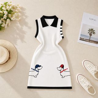 Noble Muse Đầm Len Dệt Kim Polo Thêu Họa Tiết Phối Màu Dáng Xòe Thanh Lịch Size S M L XL