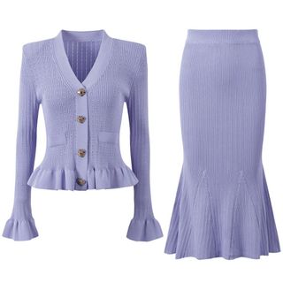 S151 Set Áo Cardigan Dệt Kim Cổ V + Chân Váy Đuôi Cá Nữ Thanh Lịch Công Sở Hàn Quốc Size S M L
