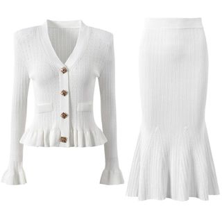 S151 Set Áo Cardigan Dệt Kim Cổ V + Chân Váy Đuôi Cá Nữ Thanh Lịch Công Sở Hàn Quốc Size S M L
