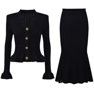 S151 Set Áo Cardigan Dệt Kim Cổ V + Chân Váy Đuôi Cá Nữ Thanh Lịch Công Sở Hàn Quốc Size S M L