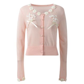BB100 Áo Cardigan Dệt Kim Ice Silk Cổ Tròn Đính Hoa Nổi 3D Tay Dài Thanh Lịch Phong Cách Hàn Quốc - Size S M L