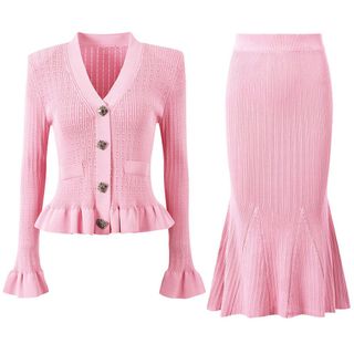 S151 Set Áo Cardigan Dệt Kim Cổ V + Chân Váy Đuôi Cá Nữ Thanh Lịch Công Sở Hàn Quốc Size S M L