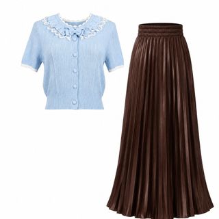 A105 Set Áo Dệt Kim Phối Nơ & Chân Váy Satin Xếp Ly Dài Cạp Cao Thanh Lịch - Áo Freesize | Váy Freesize