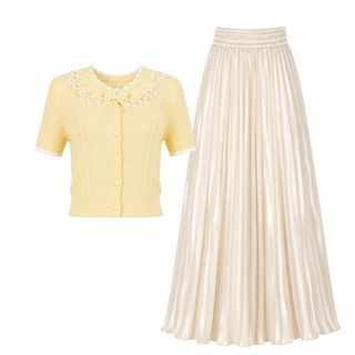 A105 Set Áo Dệt Kim Phối Nơ & Chân Váy Satin Xếp Ly Dài Cạp Cao Thanh Lịch - Áo Freesize | Váy Freesize